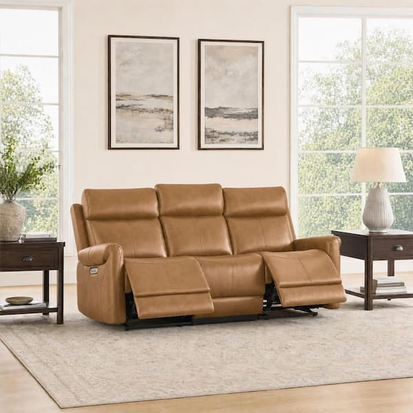 Cedar 76.8 in. Square Arm Wall Hugger Faux Leather Dual Motor Sofa in Saddle Brown/3S with USB Type-C