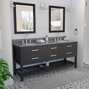 Valencia 72 in. W x 22 in. D x 34 in . H Oak Double Sink Bathroom Vanity - Black with Gray Top
