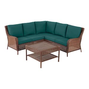 Cambridge 4-Piece Brown Wicker Outdoor Patio Sectional Sofa and Table with CushionGuard Malachite Green Cushions