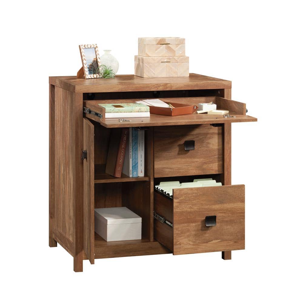 Small Brown Wood Credenza with Drawers and Keyboard Tray