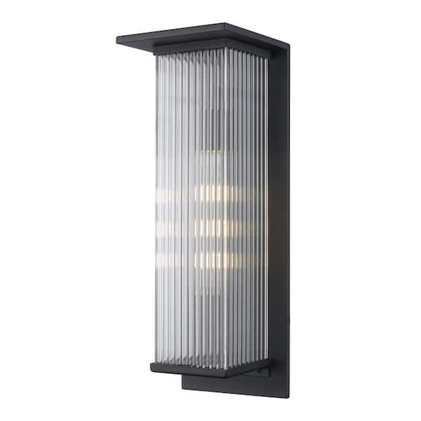 Home Decorators Collection Jardine 20 in. 1-Light Black Modern Outdoor Wall Light Fixture with Clear Ribbed Glass