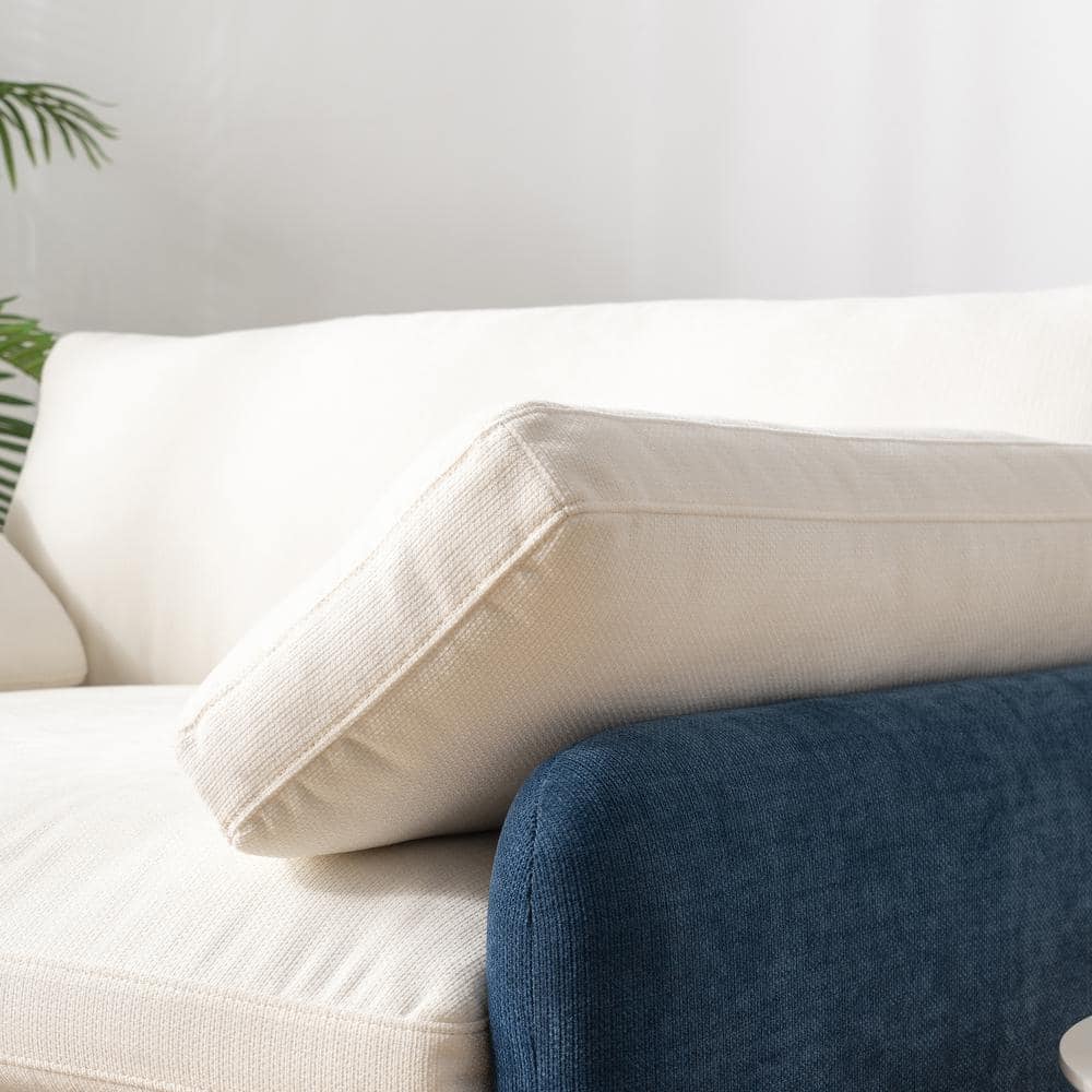 Oversized Blue and Cream Chenille Accent Armchair with Wood Frame