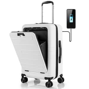 20 in. 1-Piece White Carry-On Luggage Set PC Hardside Suitcase TSA Lock with Front Pocket and USB Port