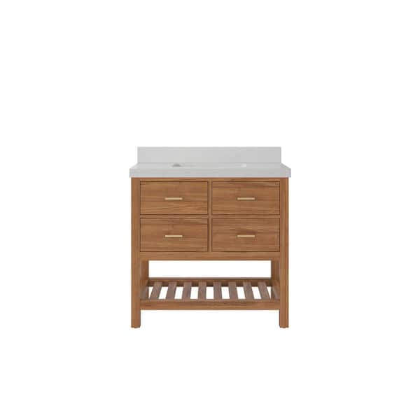 Willow Collections Parker Teak 36 in. W x 22 in. D x 36 in. H Single Sink Bath Vanity Center in Golden Teak with 2 in. Carrara Qt. Top