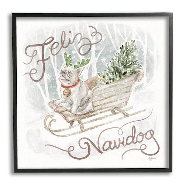 Stupell Industries Feliz Navidog Bulldog by Mary Urban 1-Piece Framed Graphic Print Animal Poster Art Print 24 in. x 24 in.