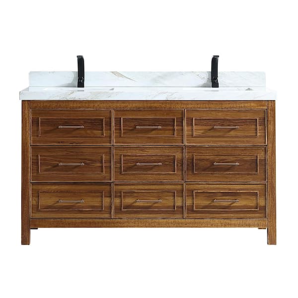 Luxury Ebony Series 60 in. 1 Freestanding Light Brown Finish Bath Vanity with 2 in. White Natural Marble Top Assembled