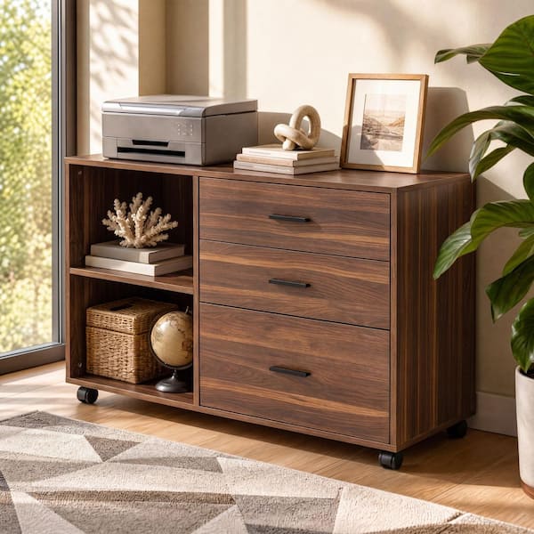Atencio 3-Drawer Light Walnut Engineered Wood 39.37 in. W Lateral File Cabinet with Storage Shelves for Home Office