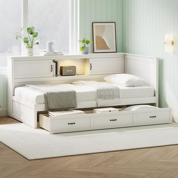 Maria White Full Size L-Shaped Daybed with Drawer Bookcase, LED Downlight, Charging Station
