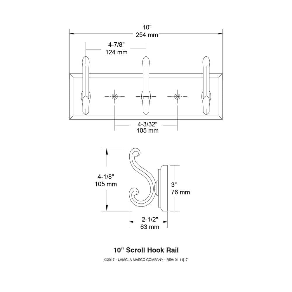 White and Satin Nickel 10" 3-Scroll Hook Wall Rack