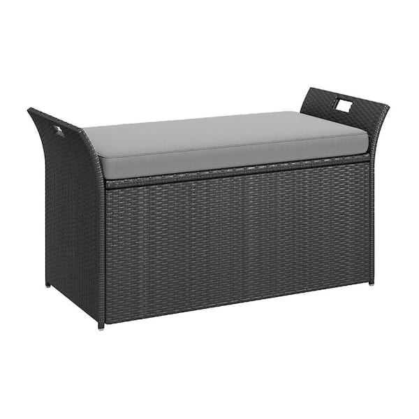 90 Gal. Black Rattan Outdoor Storage Bench with Grey Cushion