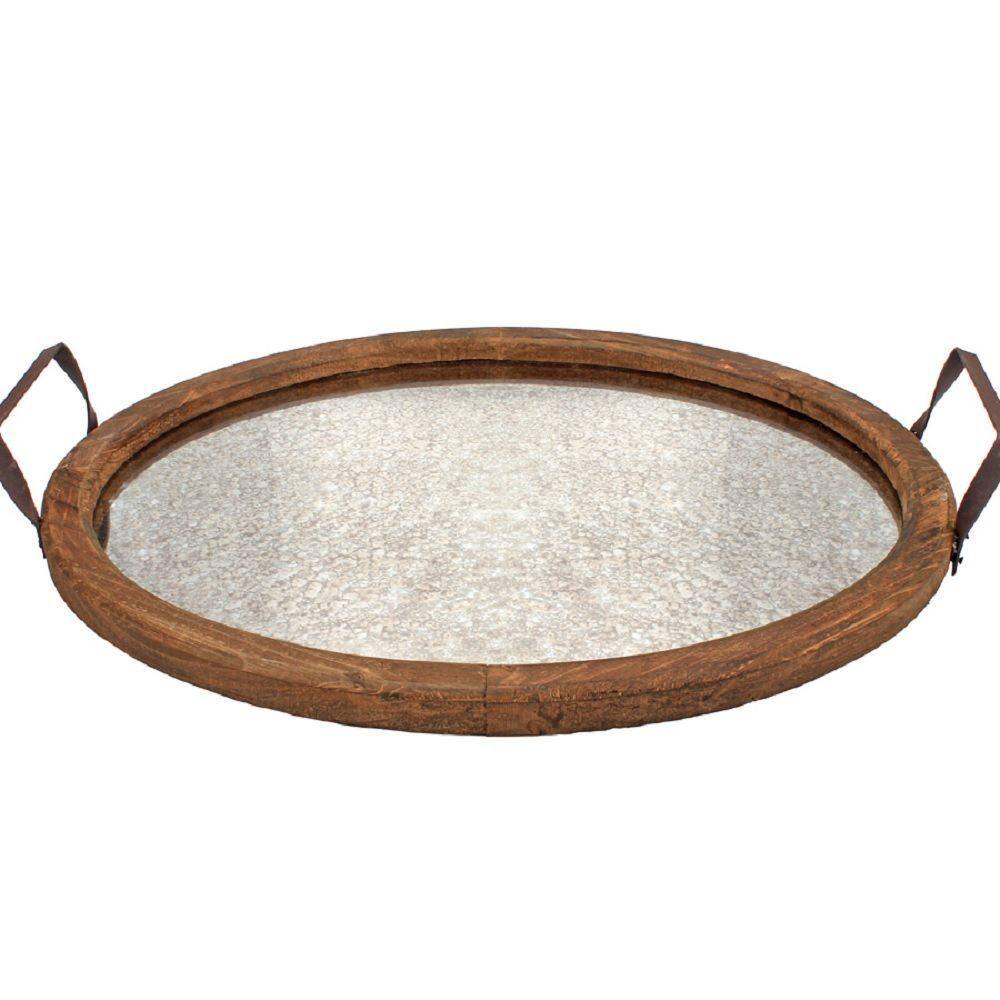 Rustic Oval Distressed Wood Tray with Antique Mirror Base