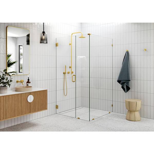 Glass Warehouse 45 in. W x 40.5 in. D x 78 in. H Pivot Frameless Corner Shower Enclosure in Satin Brass Finish with Clear Glass