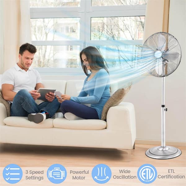 16 in. 3 Speeds Pedestal Fan in Silver with Settings Carrying Handle Aluminum