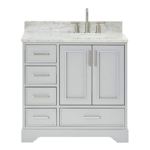 Stafford 36 in. W x 22 in. D x 35.25 in. H Right Single Sink Bath Vanity in Gray with Carrara White Marble Top