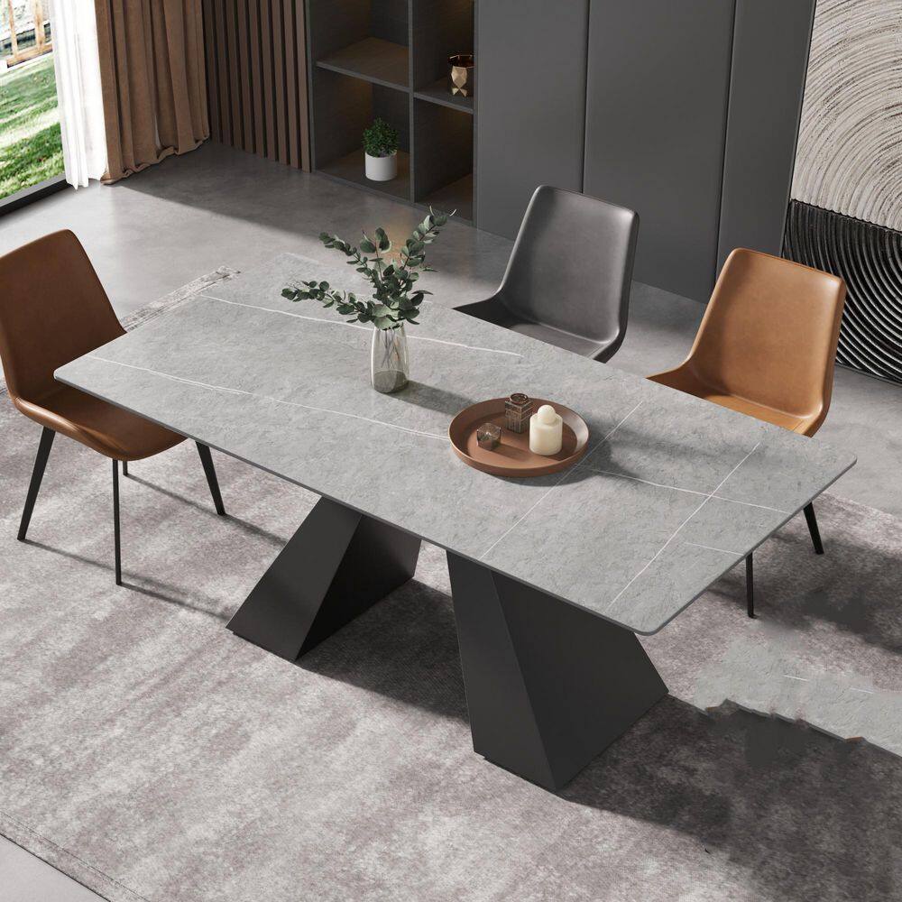 70.87 in. Rectangle Gray Sintered Stone Top Pedestal Black Metal Base Dining Table (Seats 6)