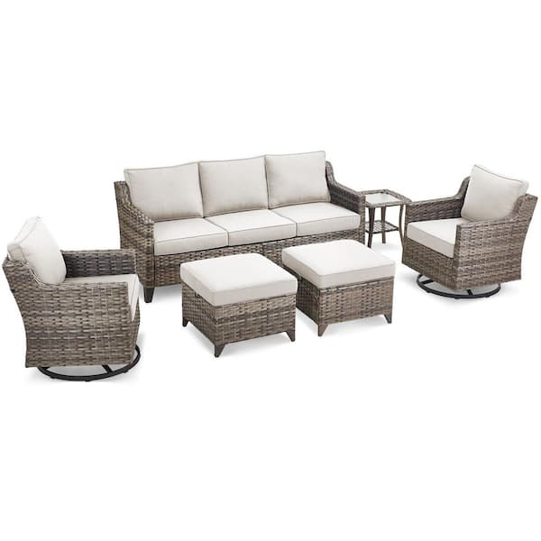 6-Piece Wicker Patio Conversation Set with Beige Cushions, Curved handrail