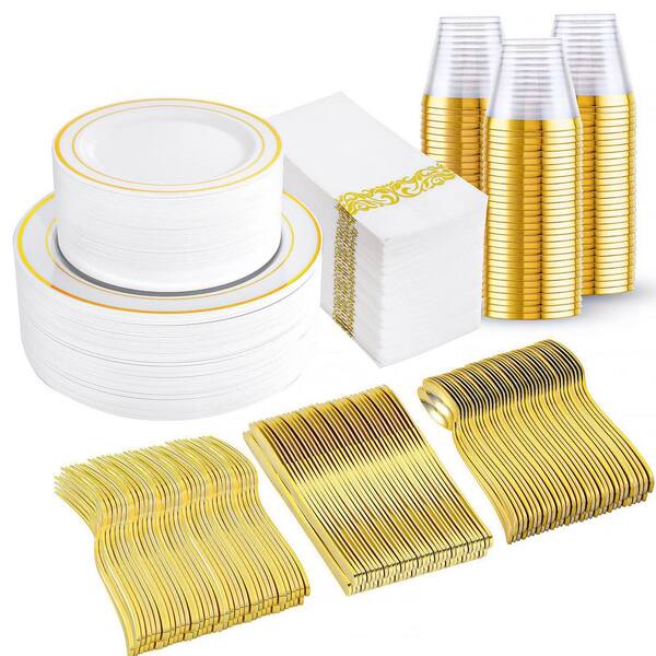 Gold Plastic Dinnerware Set for 50 Guests, 350 Pieces, Disposable Plates, Cups, Napkins, and Silverware for Party