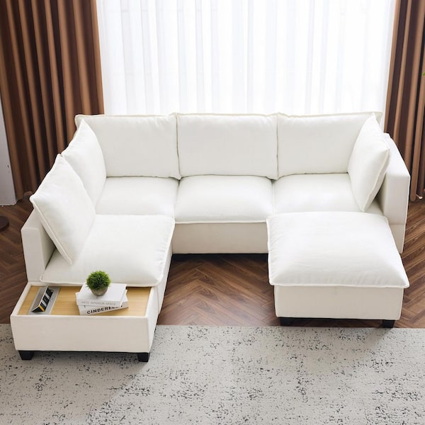 90 in. Chenille Fabric Sectional Sofa in. White with a Movable Ottoman, a Coffee Table with Hidden Charging Devices