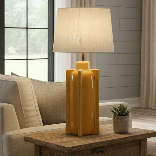 Coraline 23.2 in. Yellow Table Lamp with Linen Shade and Crossed Base