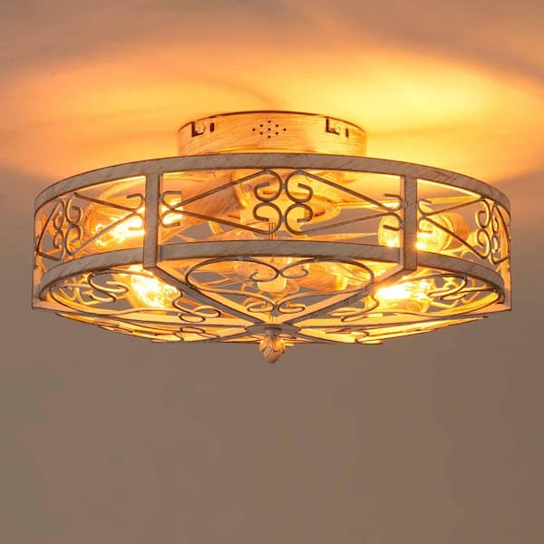 Thalovis 20 in. 4-Light Indoor Retro White Flush Mount Low Profile Caged Ceiling Fan with Light Fixture with Remote