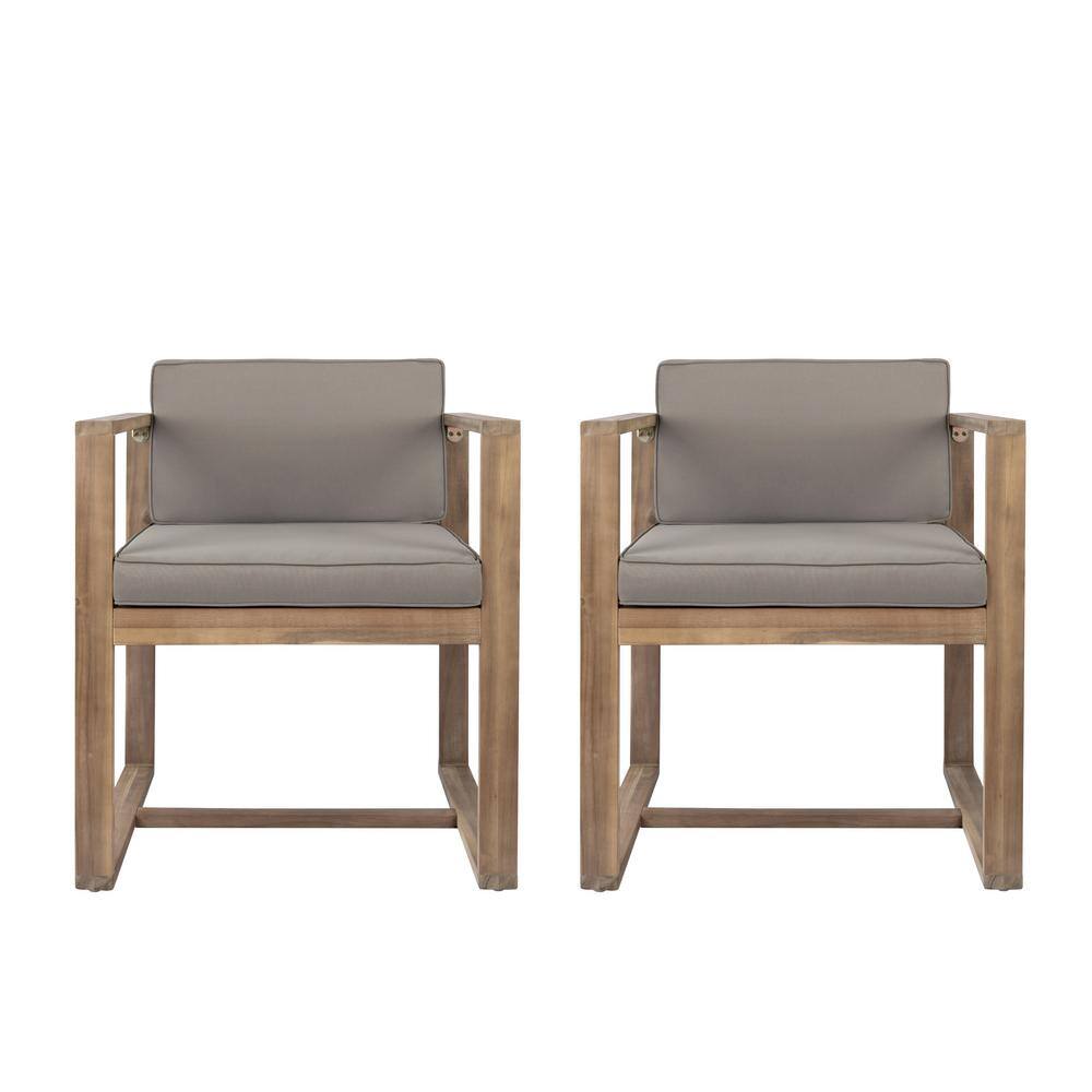 Acacia Wood Outdoor Patio Dining Chairs (Set of 2) with Light Gray Cushion