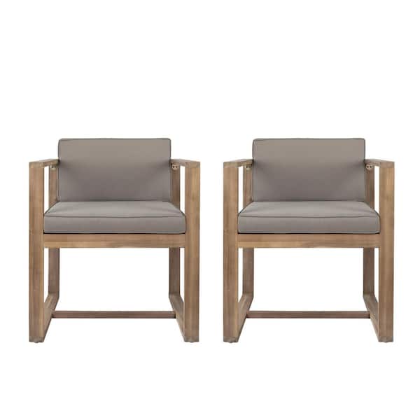 Unbranded Acacia Wood Outdoor Patio Dining Chairs (Set of 2) with Light Gray Cushion