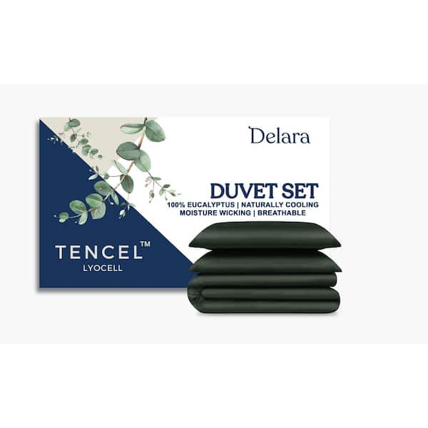 Delara Delara 3-Piece Set Forest Green Solid 100% Eucalyptus Lyocell Tencel, Queen,Smooth and Breathable,Super Soft Duvet Cover