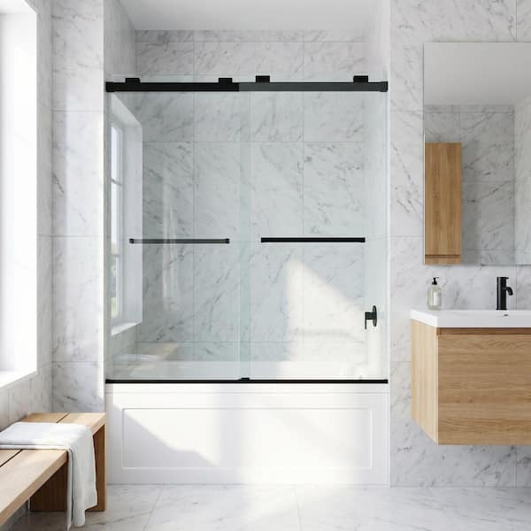 Houston 56 to 60 in. W x 66 in. H VMotion Sliding Frameless Tub Door in Matte Black with 3/8 in. (10mm) Clear Glass