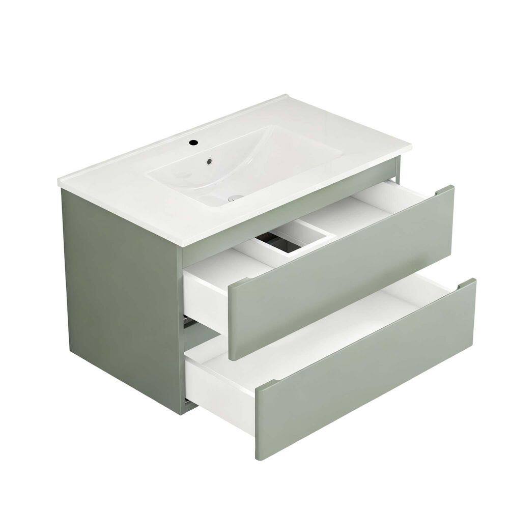 32 in. Wall-Mounted Single Sink Green Bath Vanity with White Ceramic Top, 2 Big Drawers (Self Assembly Needed) price history on PriceWatchPro