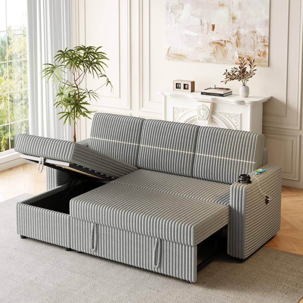 Light Grey 85 in. Corduroy Chenille 3 Seater Sofa Bed Storage Chaise, Squar