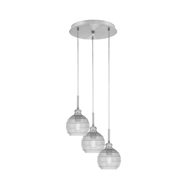Unbranded Savannah 11.5 in. 3-Light Brushed Nickel Cord Pendant Light Clear Ribbed Glass Shade