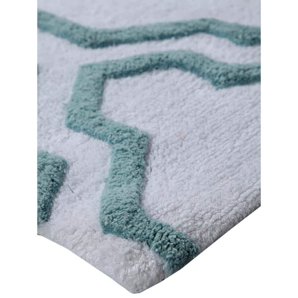 White and Blue Geometric Cotton Bath Rug Set