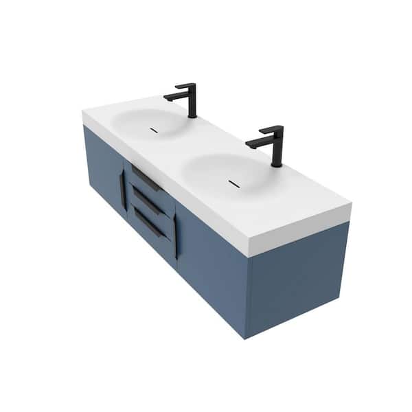 castellousa Thames 60 in. W x 18.9 D x 16.25 H Double Floating Bath Vanity in Matte Blue w Black Trim w Solid Surface White Top