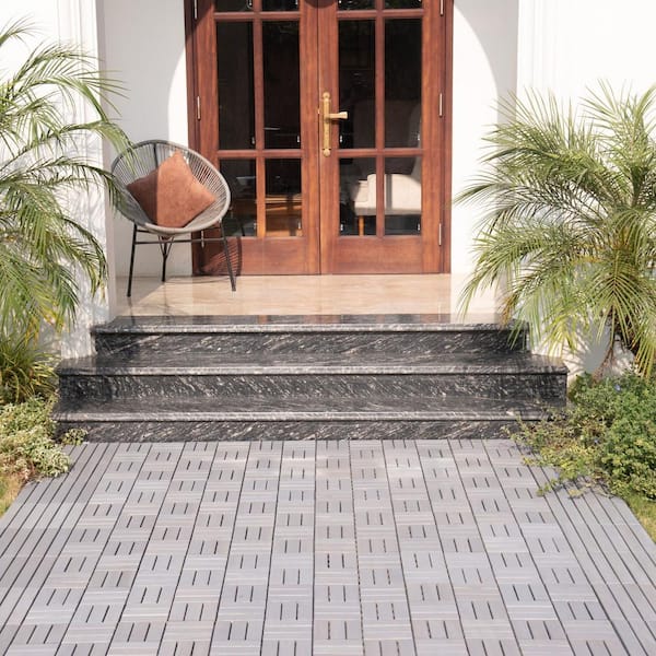 12 in.W x 12 in. L Outdoor Gray Checker Pattern Square Wood Interlocking Flooring Deck Tiles (Pack of 30 Tiles)