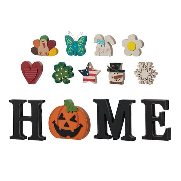 5 in. H Wooden Interchangeable HOME Tabletop Patriotic Sign with Seasonal Icons (13-Pieces)