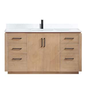 San 60 in.W x 22 in.D x 33.8 in.H Single Sink Bath Vanity in Fir Wood Brown with White Composite Stone Top