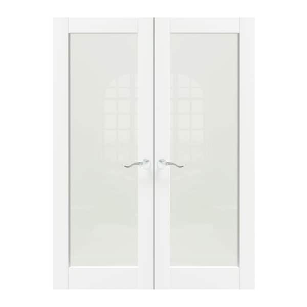 60 in. x 80 in. Composite, MDF, Full Lite, Frosted Glass, Primed, White Interior Door Slab with Silver Curved Doorknob