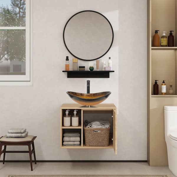 24 in. W x 19 in. D x 17 in. H Single Sink Burlywood Bath Vanity with Black/Gold Solid Surface Top Sink and Mirror