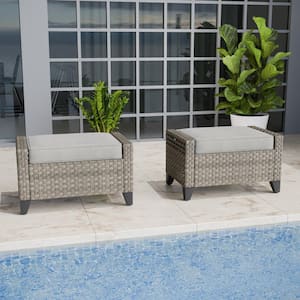 Wicker Outdoor Patio Ottoman with Gray Cushions (2 pack)