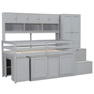 Gray Wood Frame Twin Size Loft Bed with Drawers, Wardrobe, Under-bed Desk with wheels, Storage Steps, Shelves