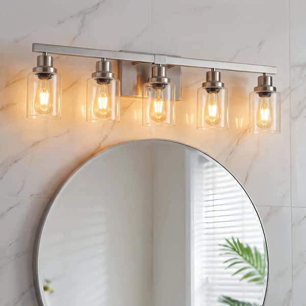 31 in. 5 Light Brushed Nickel Finish Vanity Light Fixture Bathroom Over Mirror Wall Lights with Clear Glass Shade