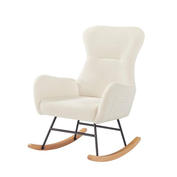 Off White Teddy Fabric Rocking Chair Upholstery Accent Arm Chair with 2 ...