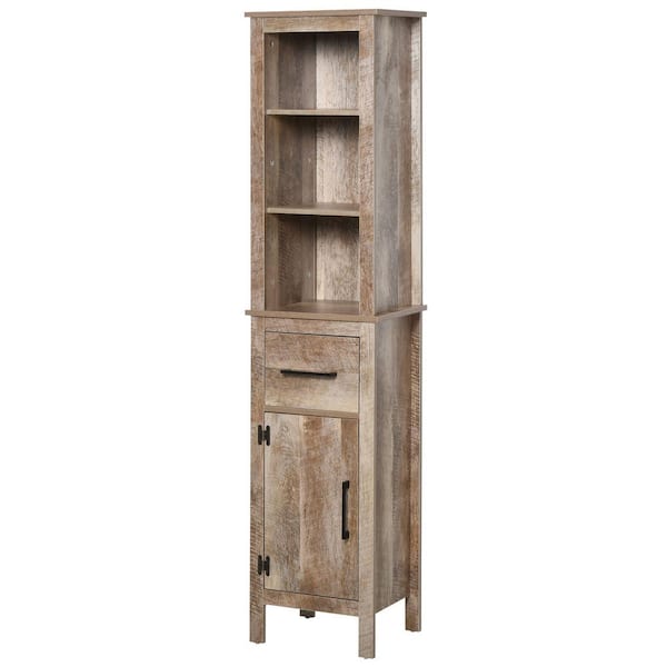 15.25 in. W x 11.75 in. D x 67.25 in. H Brown Linen Cabinet with 3-Tier Open Adjustable Shelves, and Drawer