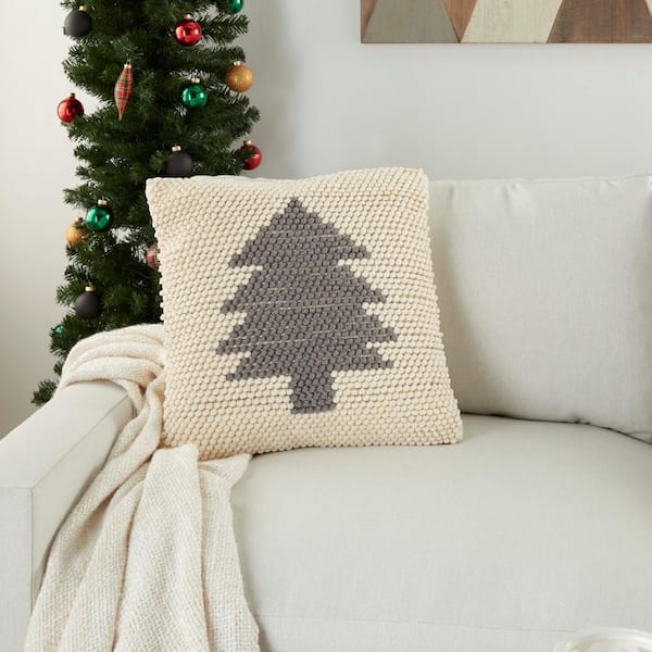 Mina Victory Holiday Ivory and Gray Christmas Tree 20 in. x 20 in. Throw  Pillow 078430 - The Home Depot