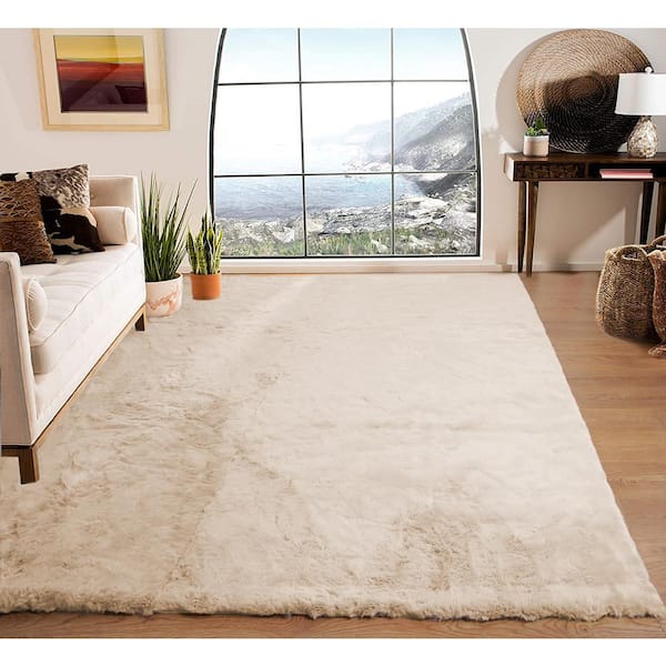 Mmlior Faux Rabbit Fur Light Brown 5 ft. x 8 ft. Fluffy Cozy Furry Area Rug