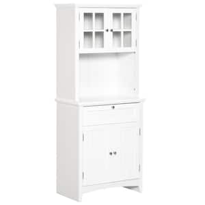 White Kitchen Buffet Pantry Hutch with Framed Glass Door and Drawer