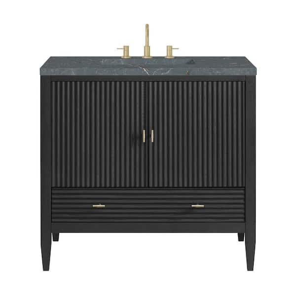 James Martin Vanities Myrrin 36.0 in. W x 23.5 in. D x 34.06 in. H Single Bathroom Vanity Carbon Oak and Parisien Bleu Quartz Top