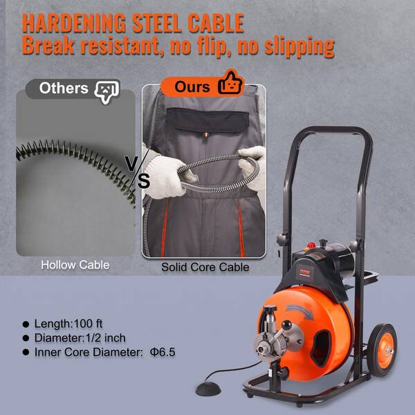 Solid Core Drain Cleaning Cable - 100 Feet x 1/2 Inch - Sewer Auger Snake  for Clog Pipe - Sewer Drain Cleaner
