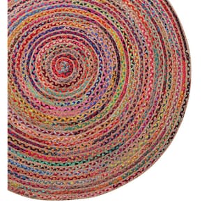 Bokaap Multicolor 7 ft. Round Bohemian Hand-Braided Cotton/Jute Area Rug