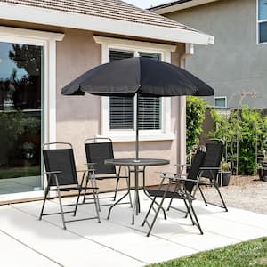 Black 6 Piece Outdoor Metal Patio Dining Set with Umbrella, 4 Folding Dining Chairs & Round Glass Table